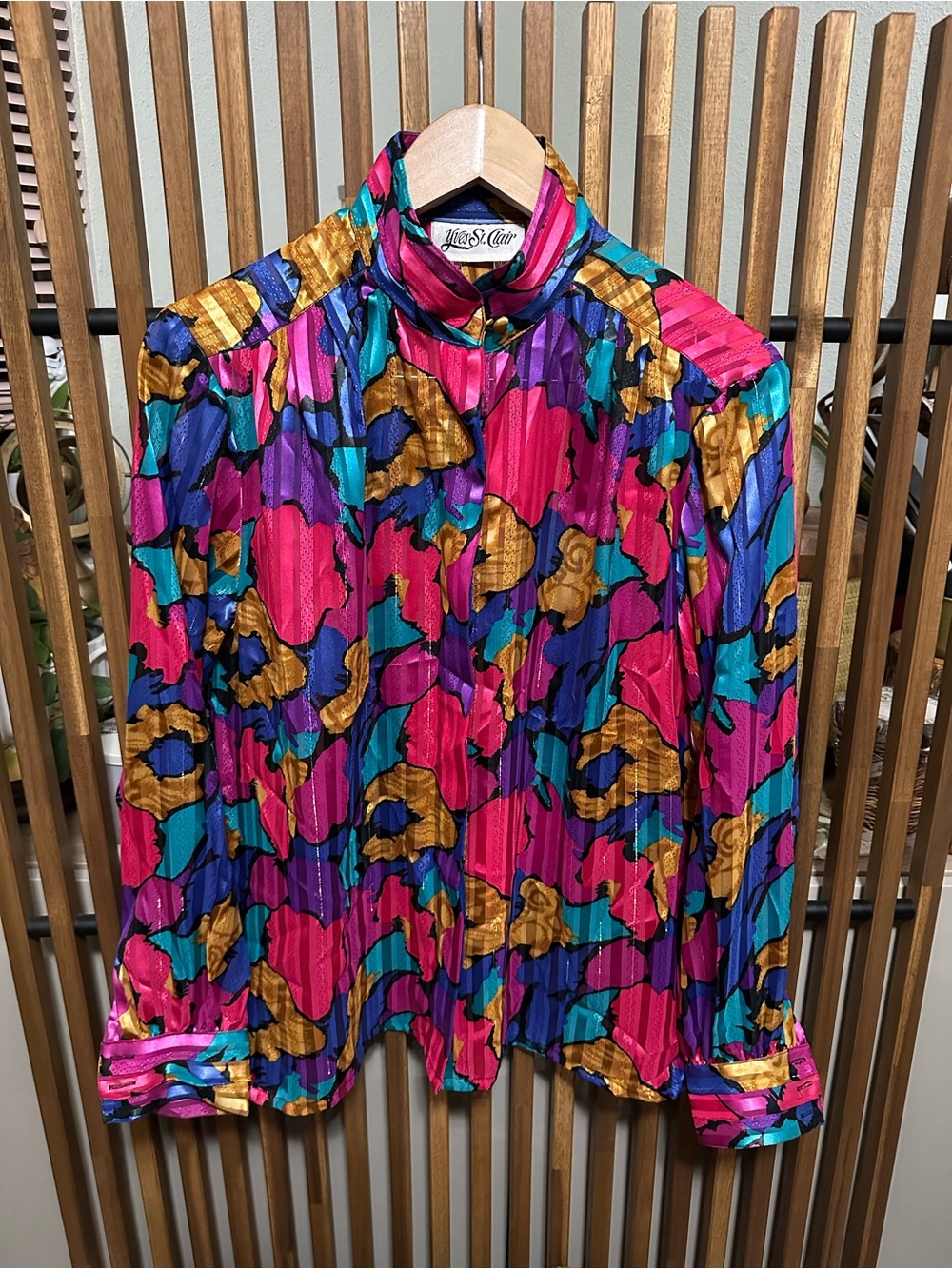 Vintage Yves St. Clair Bold Abstract Floral Satin Stripe Funnel Neck Blouse 12